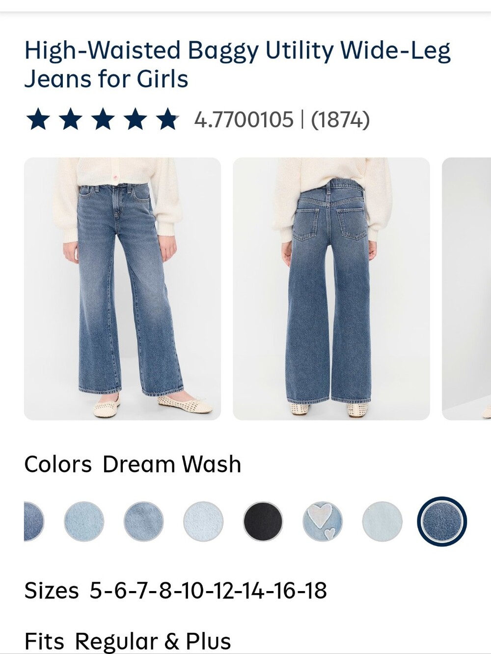 Old Navy GirlsHigh-Waisted Baggy Utility Wide-Leg Jeans in Dream Wash